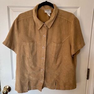 Women’s Vintage Suede Tan Short Sleeve Button-Up Shirt